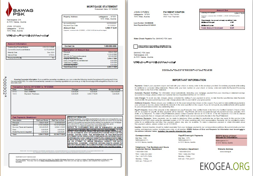 Autriche BAWAG PSK relevé hypothécaire bancaire, 3 pages, 1 , 2 scr